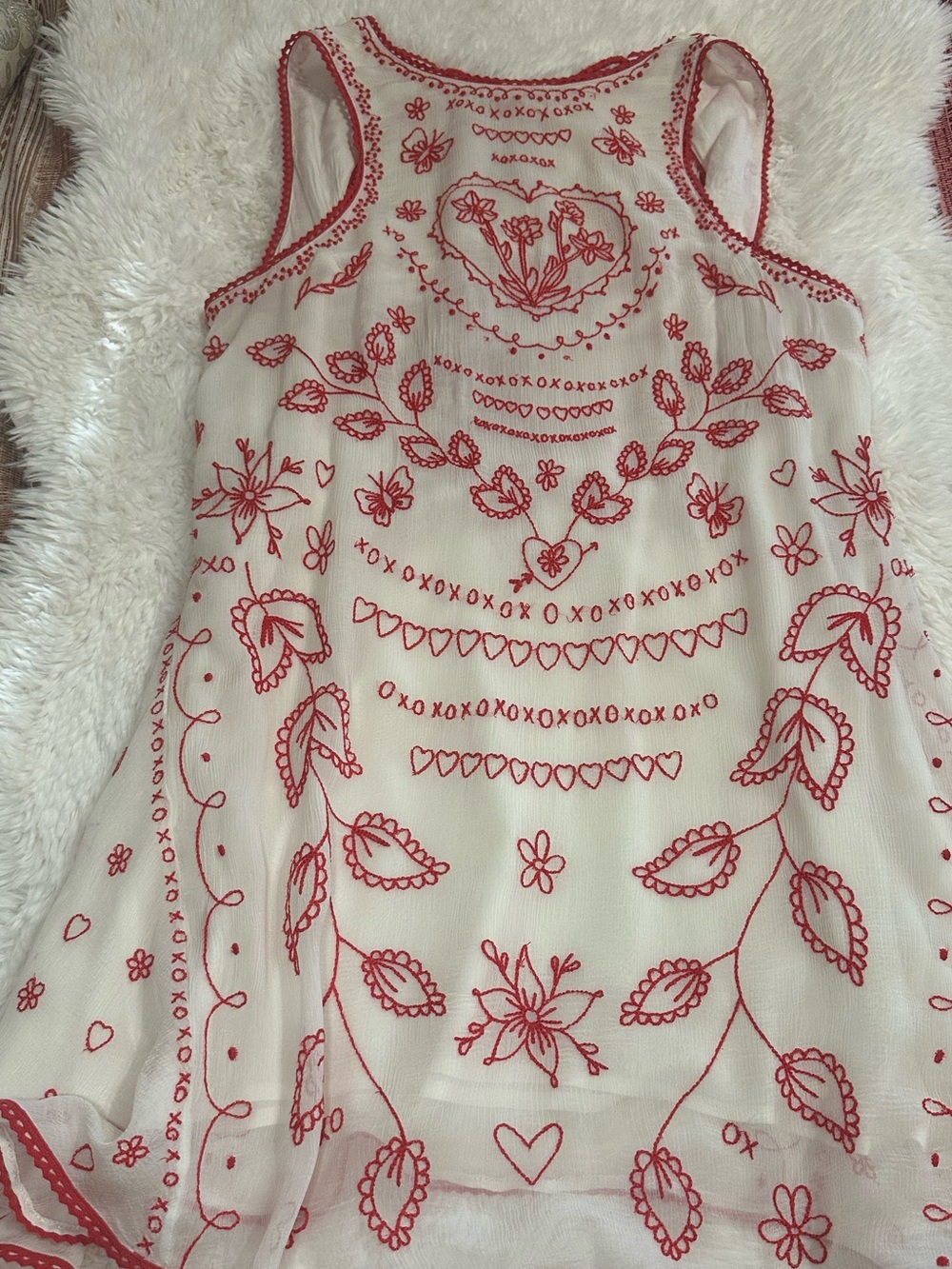 Free People Love Letters Mini Dress Ivory Red Embroidered Open Back Tassel M - Picture 2 of 16